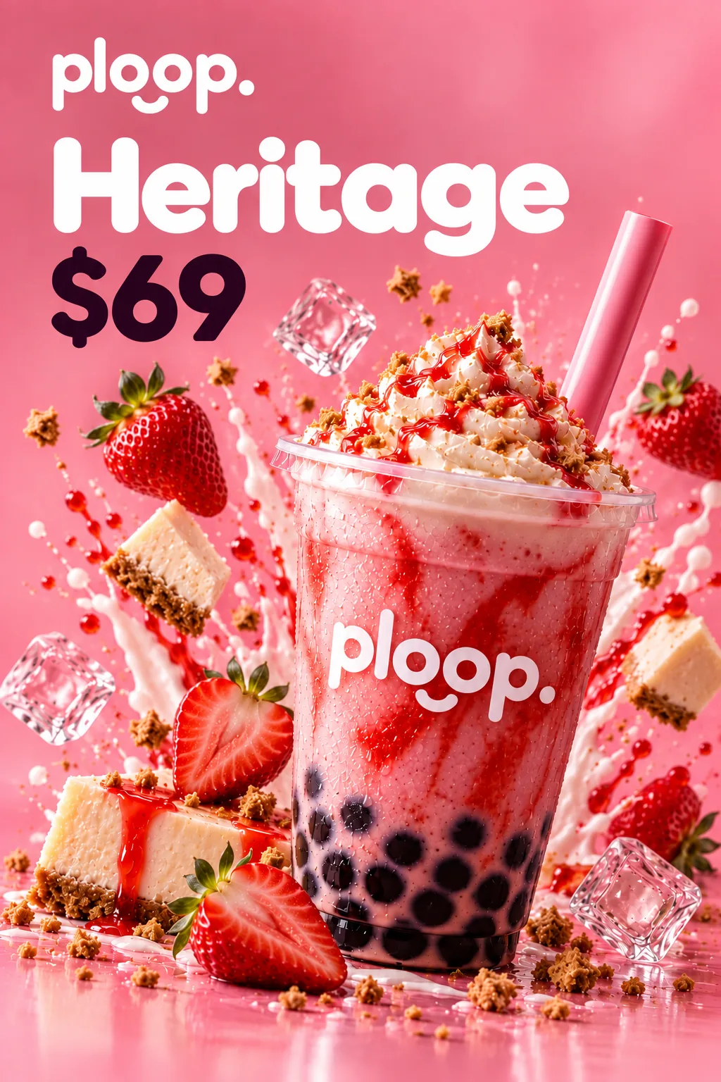 Heritage $69. Frappé de fresa con cheesecake, crumble y tapioca