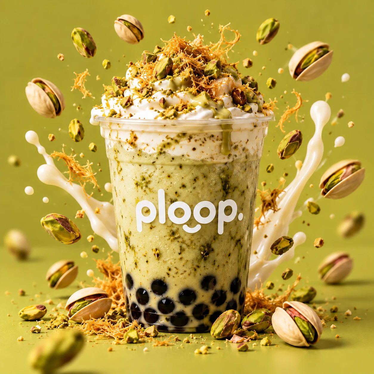 Frappé de pistache con crumble de kataifi y pistaches